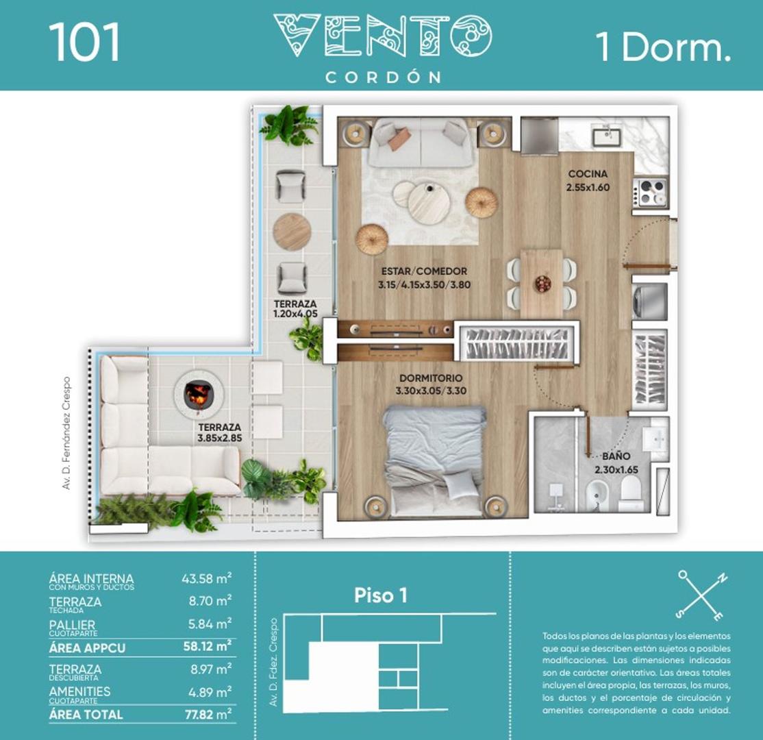 Venta apartamento  1 dorm con patio en Cordón