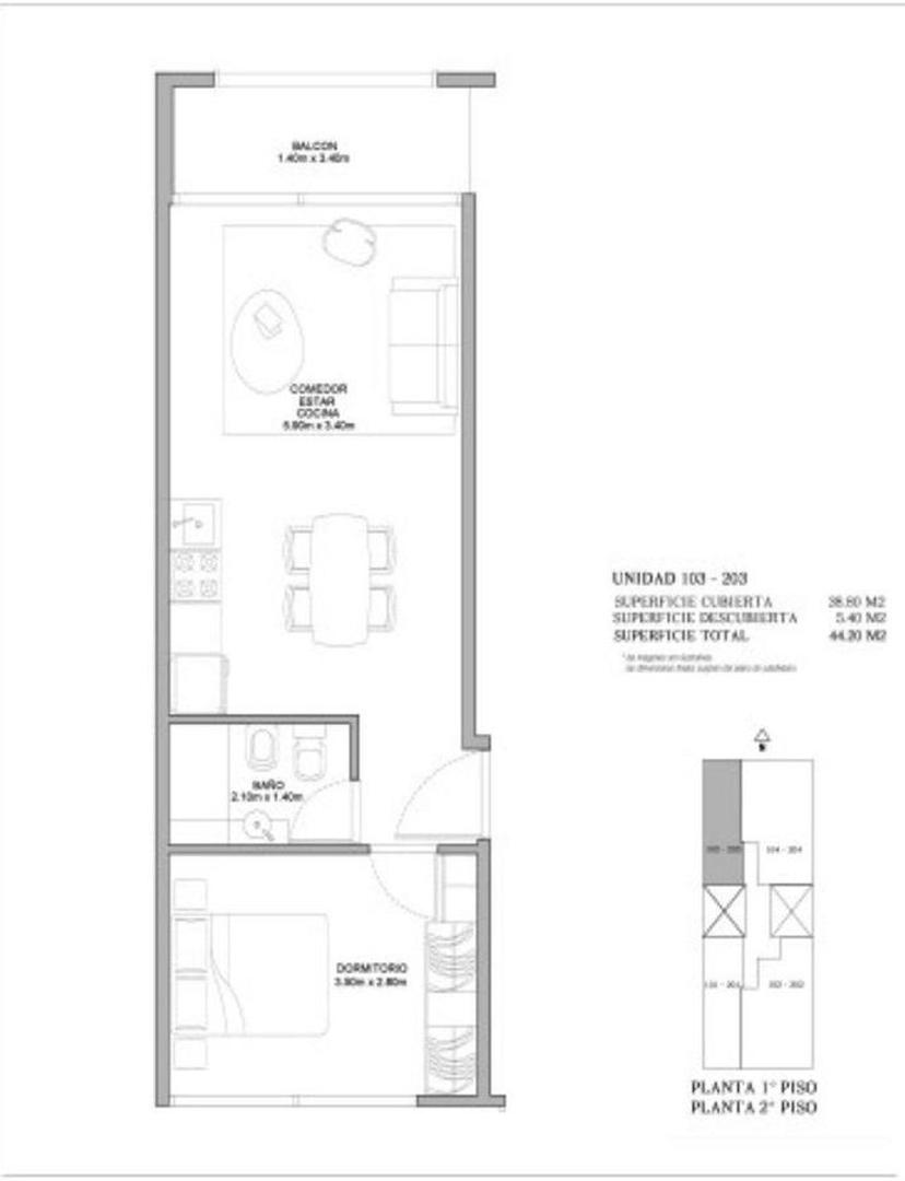 Departamento 2 ambientes con 1 baño