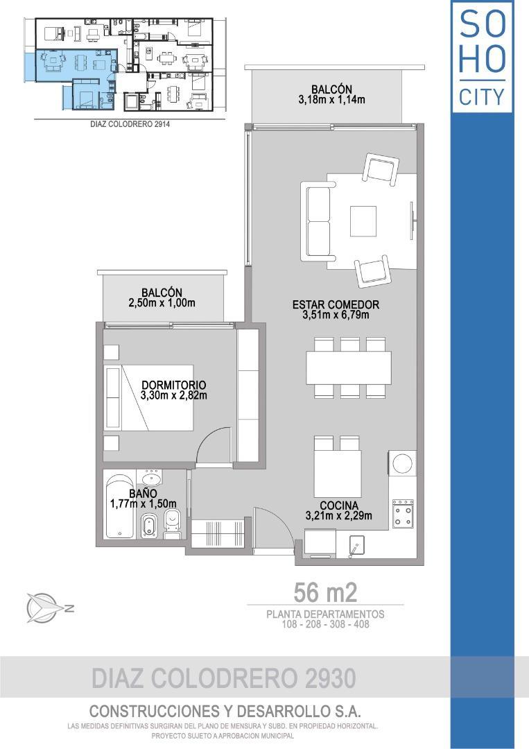 Departamento 2 ambientes con 1 baño