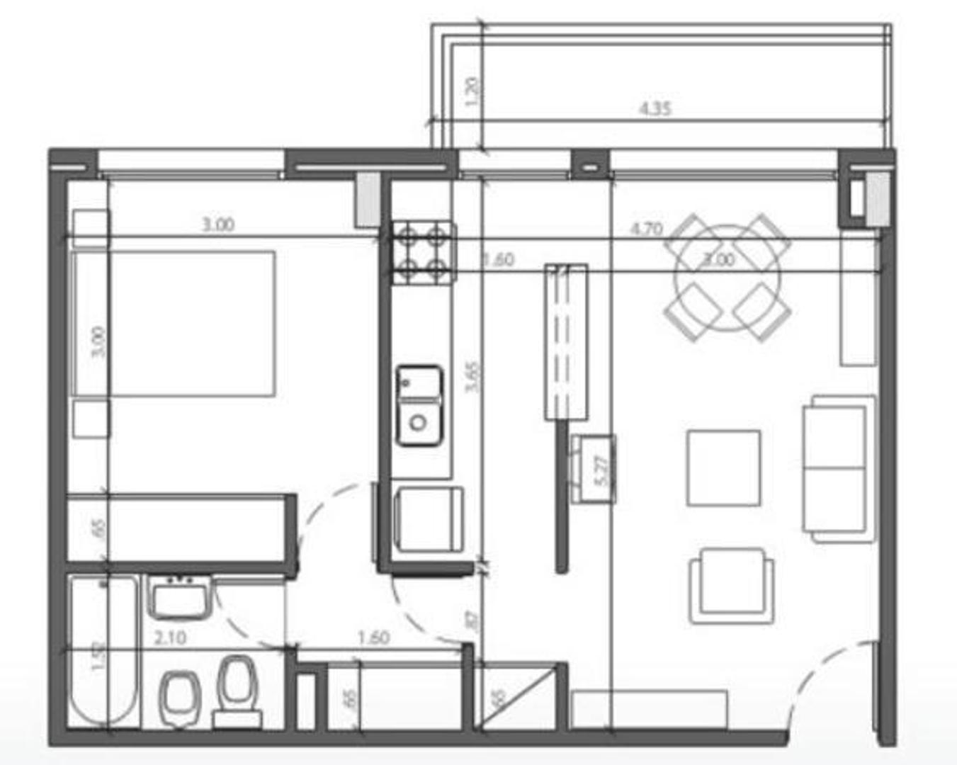 Departamento 2 ambientes con 1 baño