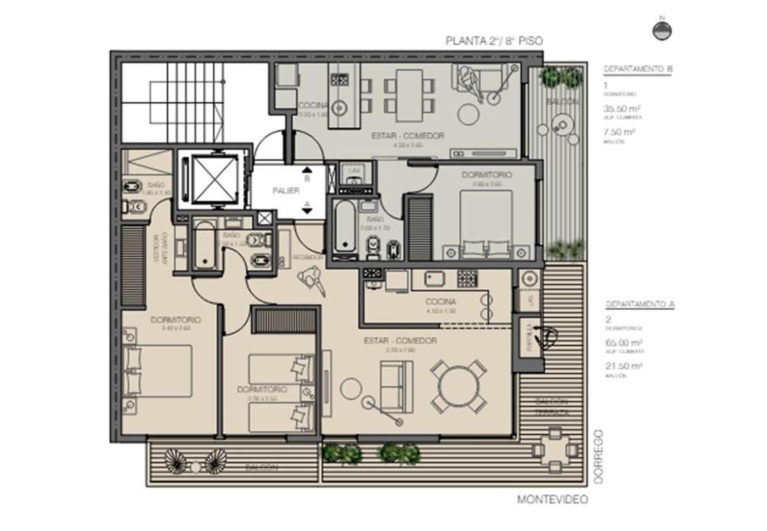 Departamento 2 ambientes con 2 baños