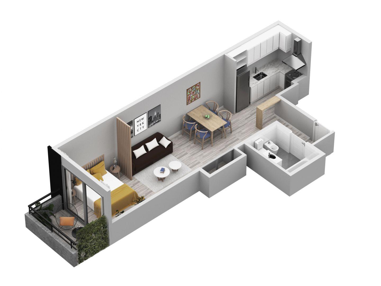 Departamento Monoambiente con 1 baño