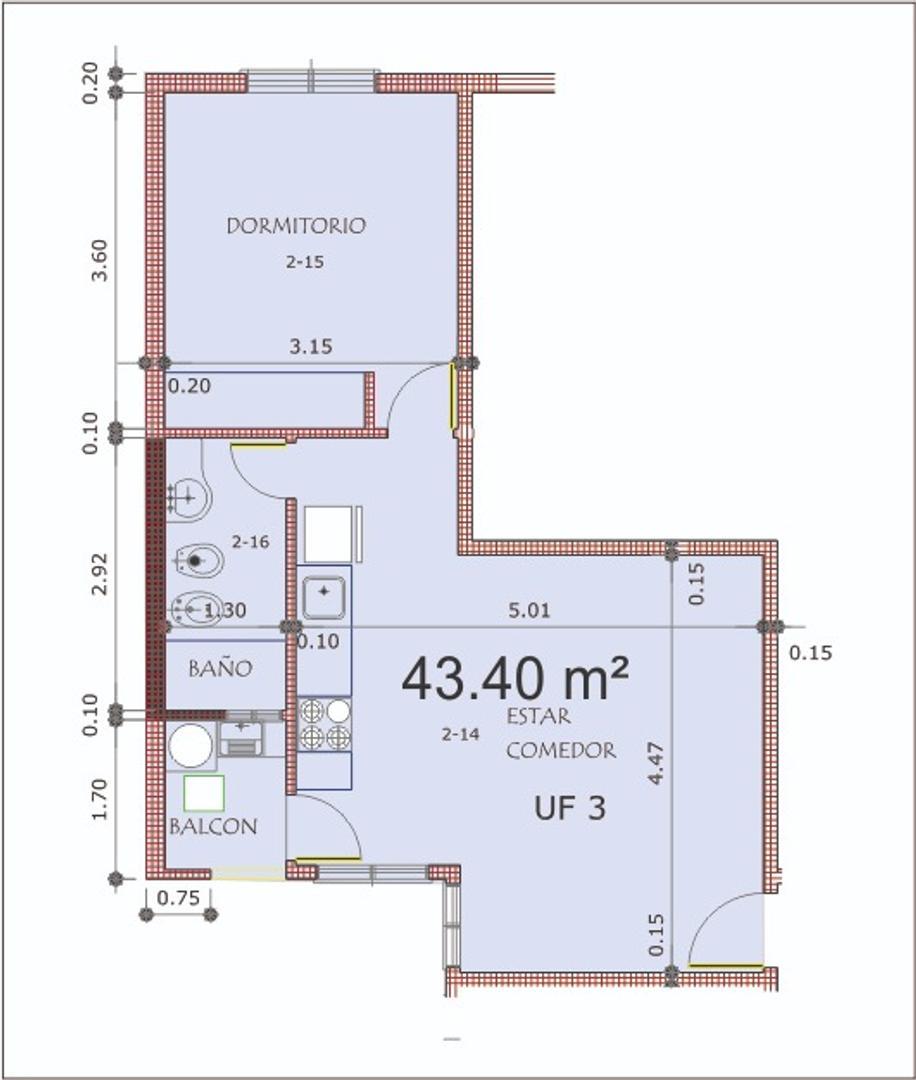 Departamento 2 ambientes con 1 baño