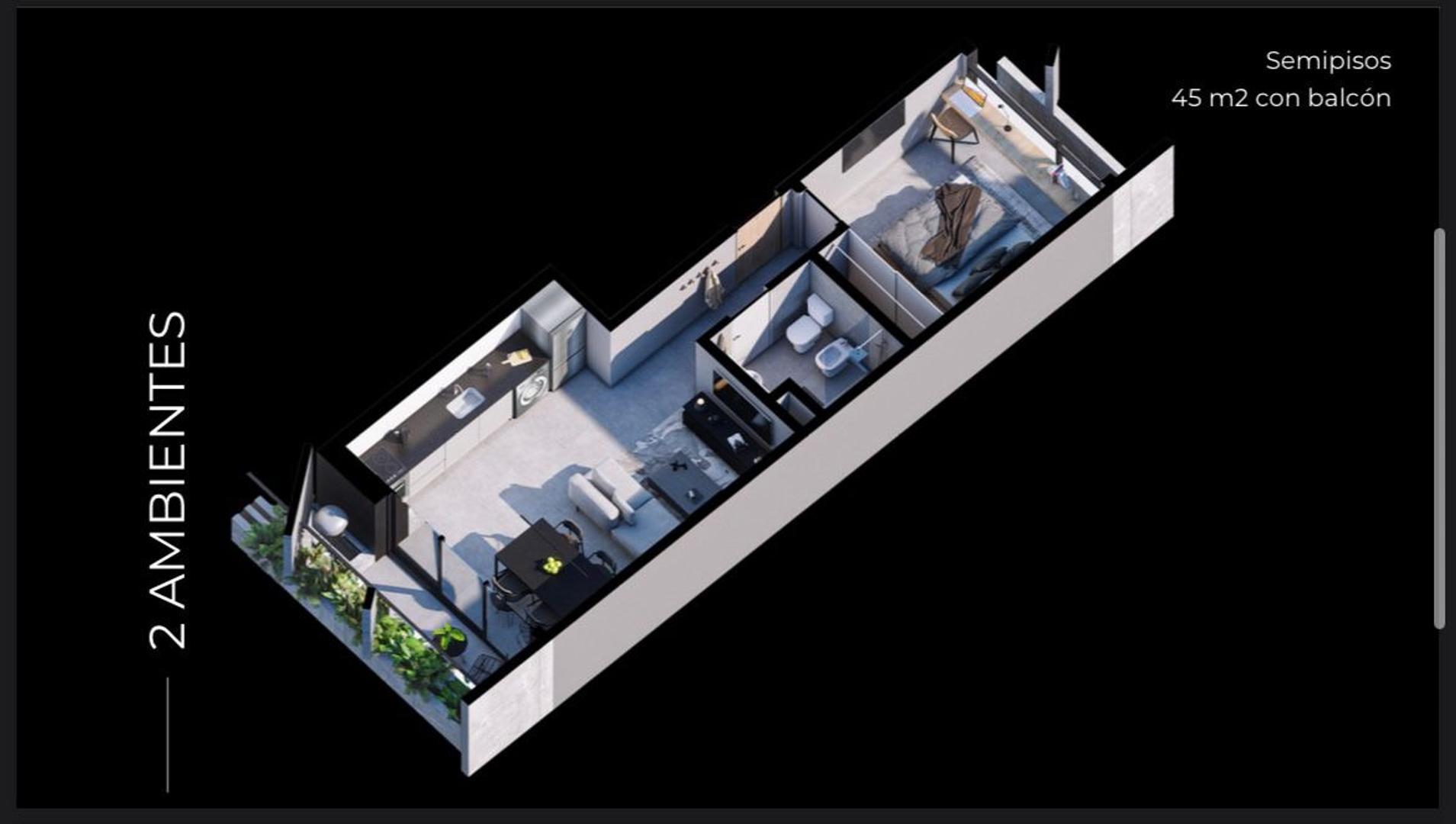 Departamento 2 ambientes con 1 baño