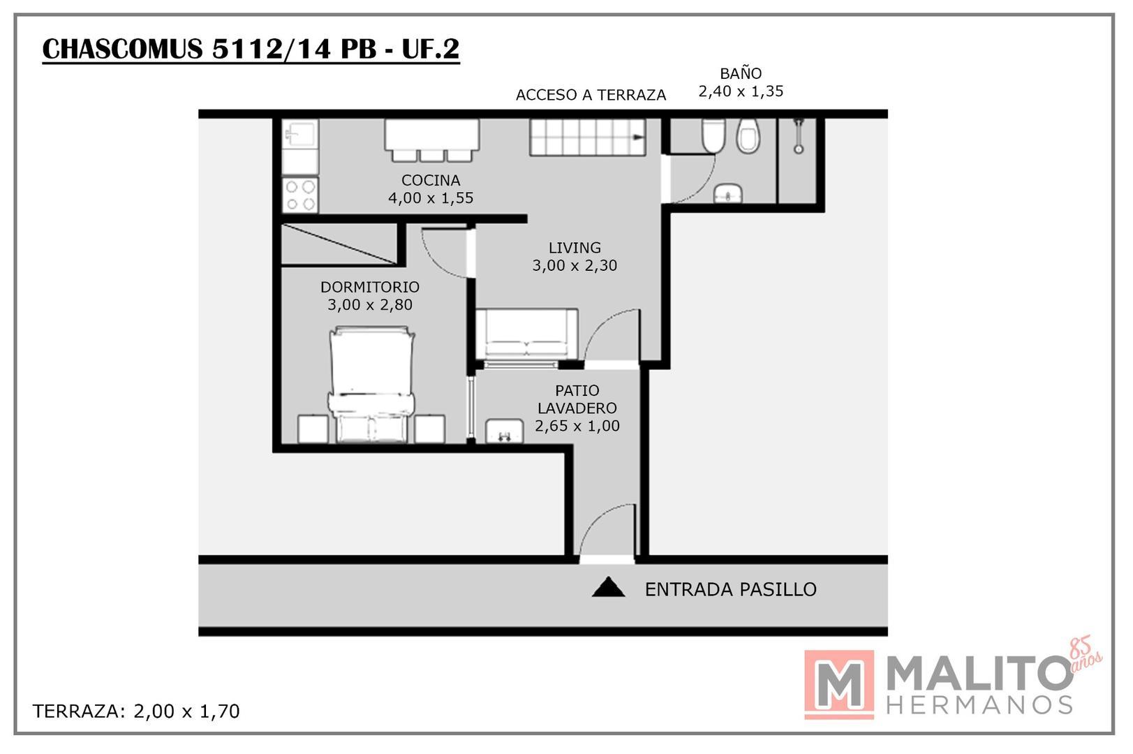 Depto Tipo Casa en Venta de 2 ambientes