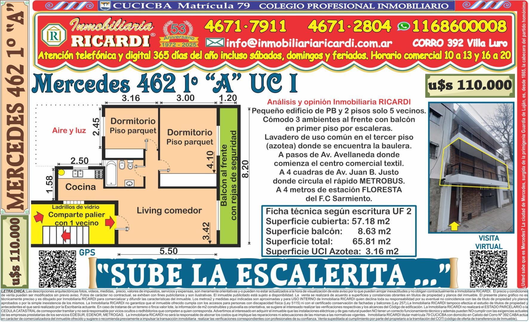 SUBE SUBE  LA ESCALERITA  3 amb. al frente balcón corrido