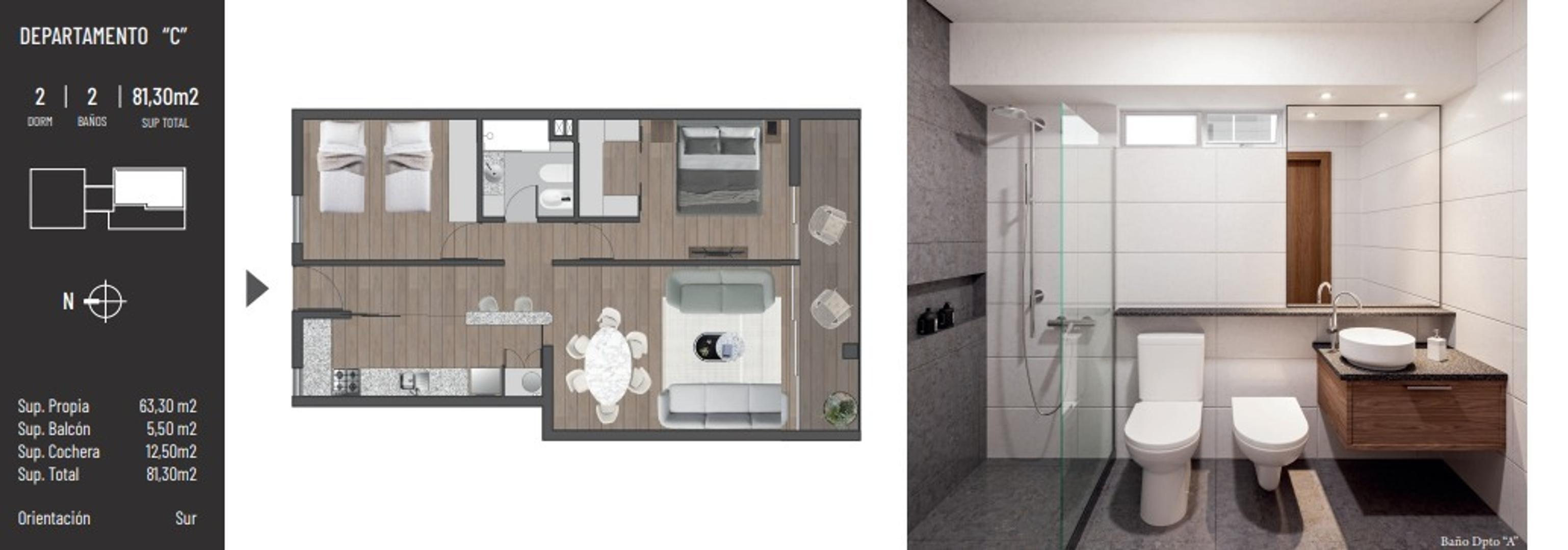 Departamento 2 ambientes con 2 baños