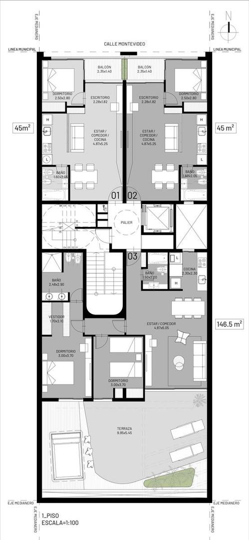Montevideo 961 (01-02)-Departamento 1 dormitorio centro rosario TERRAZA PILETA PARRILLERO